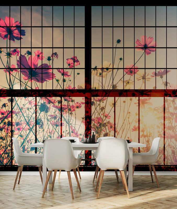             Meadow 1 - Papier peint fenêtre à croisillons avec prairie fleurie - vert, rose | Premium intissé lisse
        