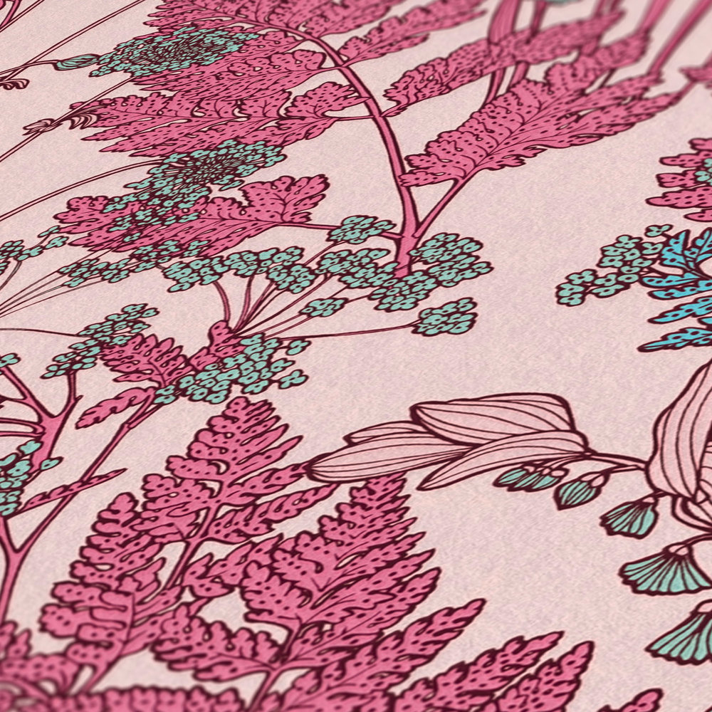             Roze gebloemd behang met bloemmotief in botanische stijl - roze, rood, blauw
        