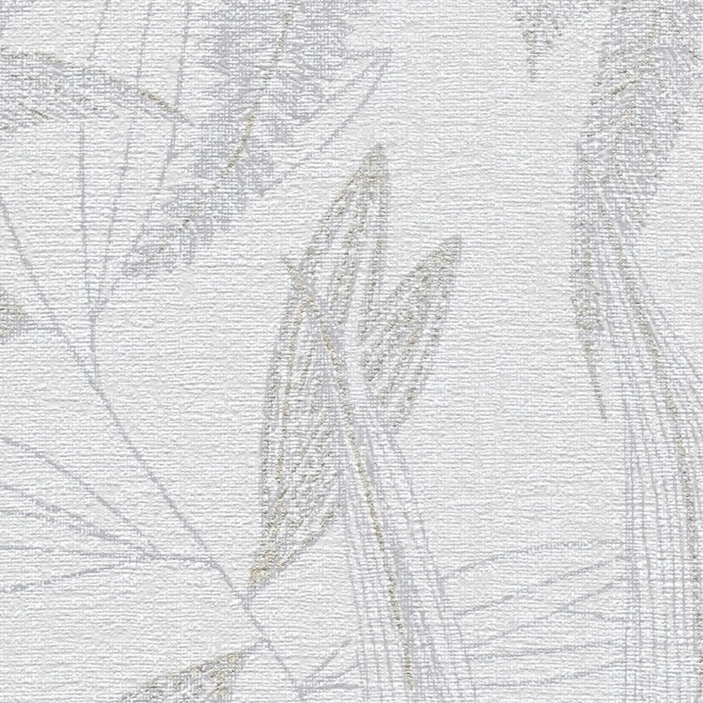             Vliesbehang met junglebladeren - licht structuurpatroon - grijs, crème, goud
        