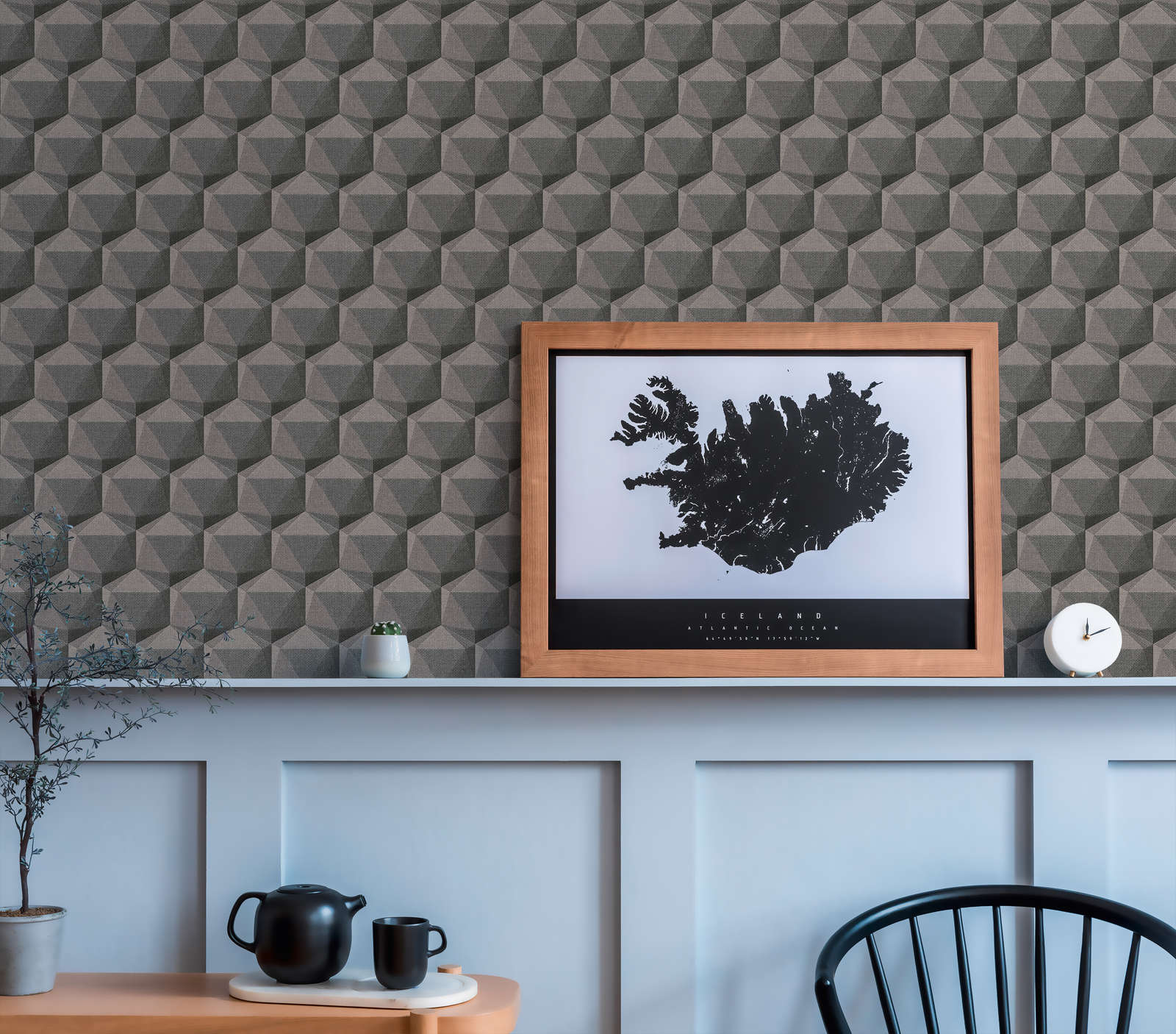             Graphic wallpaper 3D look with polygon pattern - grey, beige, black
        