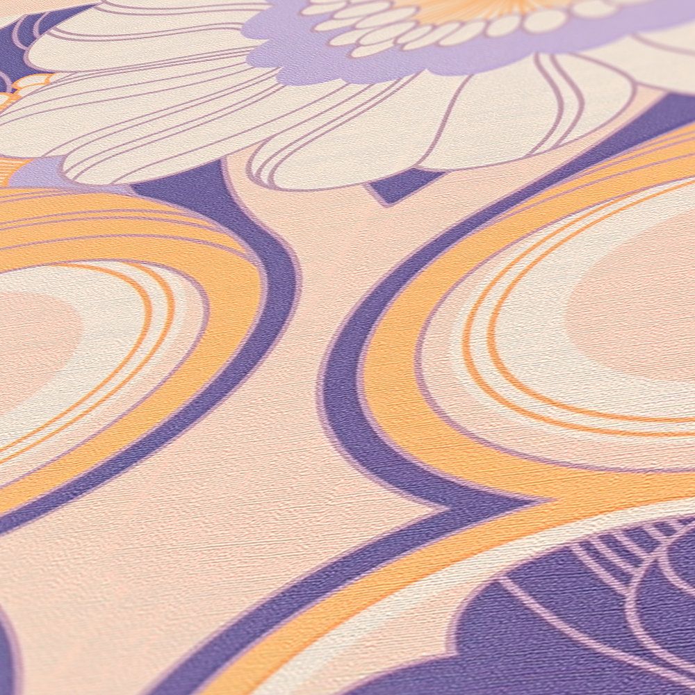             papier peint en papier rétro avec motif floral - beige, jaune, violet
        