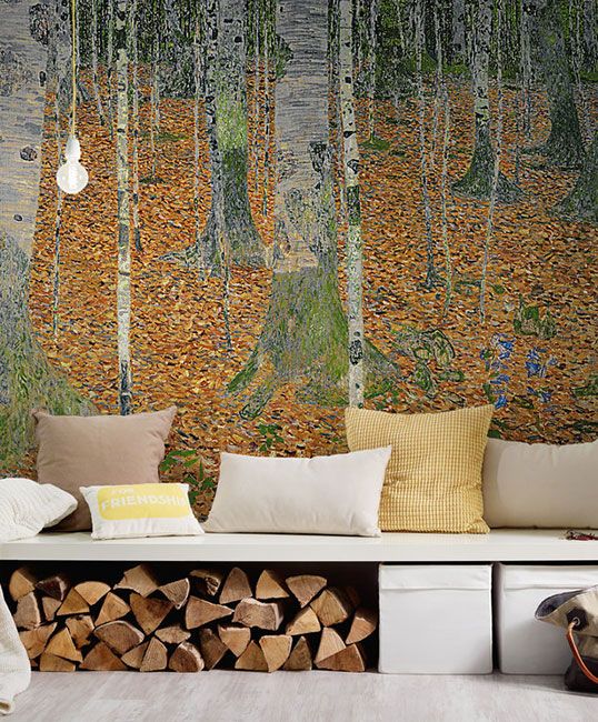 Seating niche with forest motif, photo wallpaper in impressionism painting style DD121220
