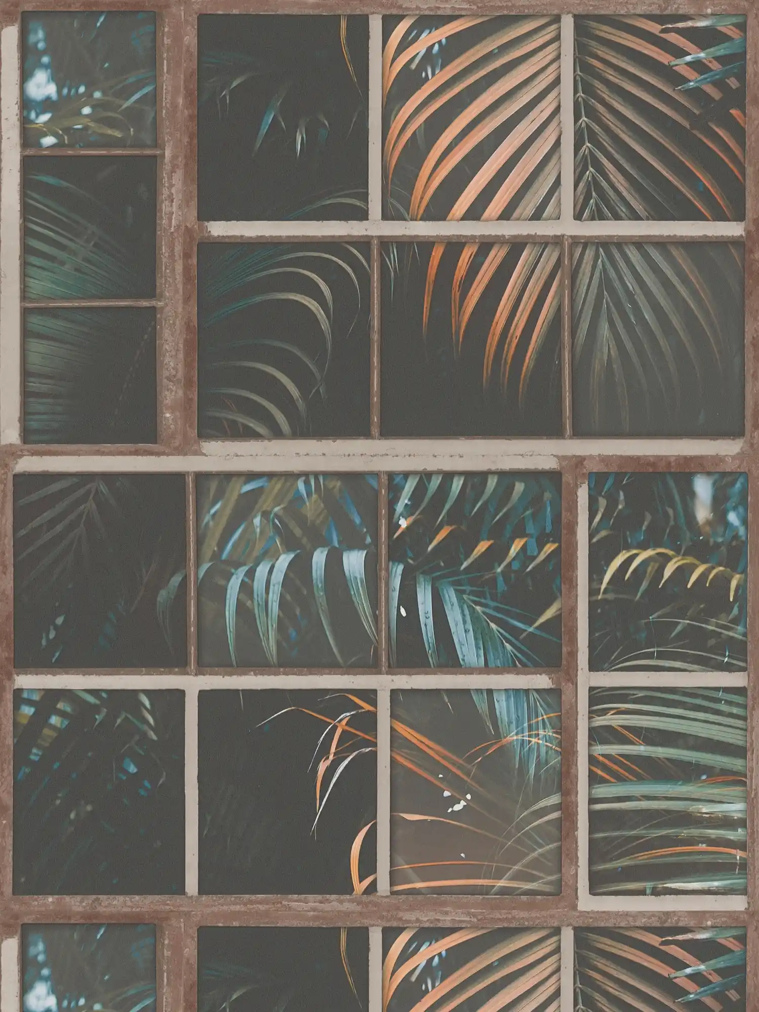 Vliesbehang industrieel raam & junglezicht - bruin, petrol, zwart
