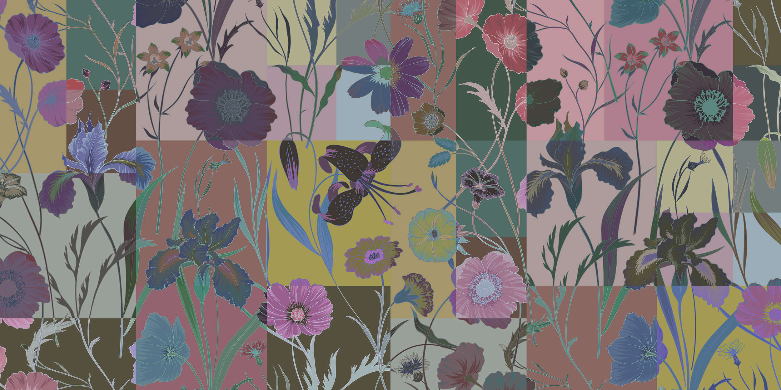             Parche floral 3 - Papel pintado Botánico con patchwork de flores - Amarillo, Verde | Tejido sin tejer texturado
        