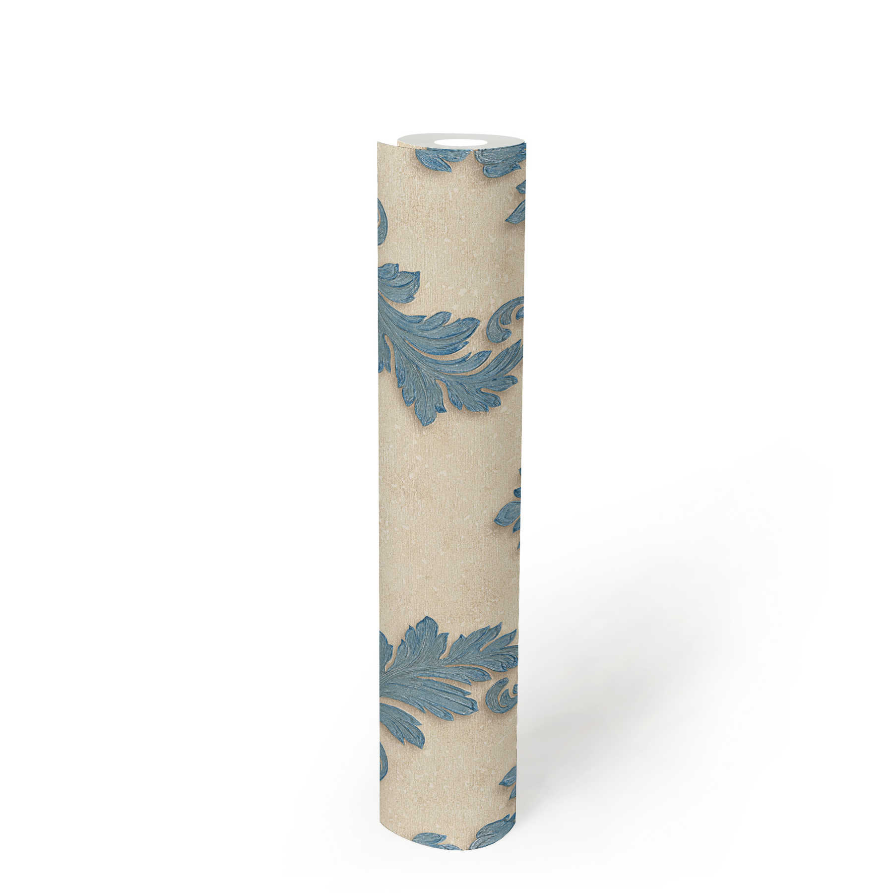             Papier peint de créateur ornements floraux & effet métallique - bleu, or, crème
        