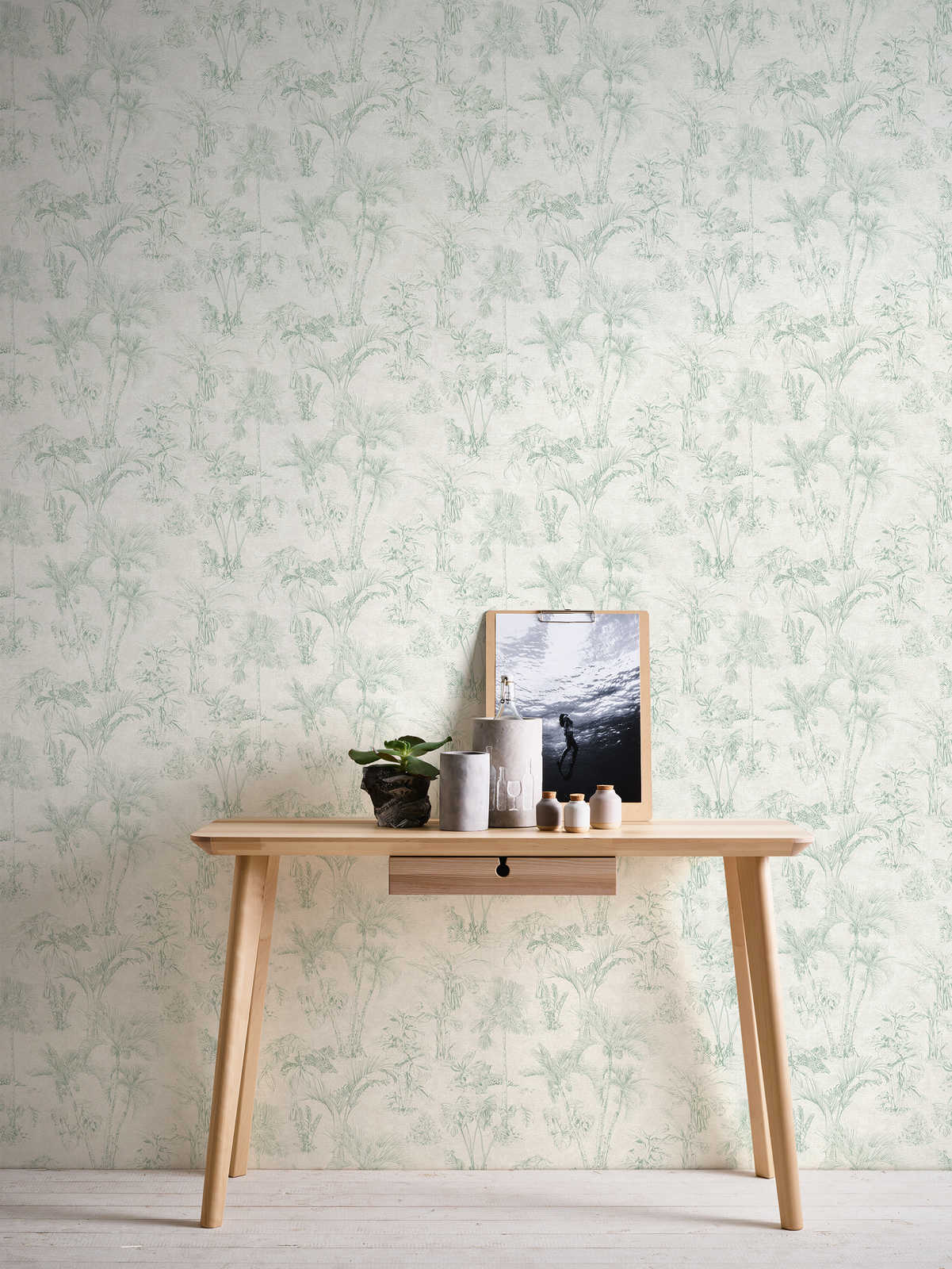             Papier peint aspect lin Design jungle avec palmiers - gris, vert
        