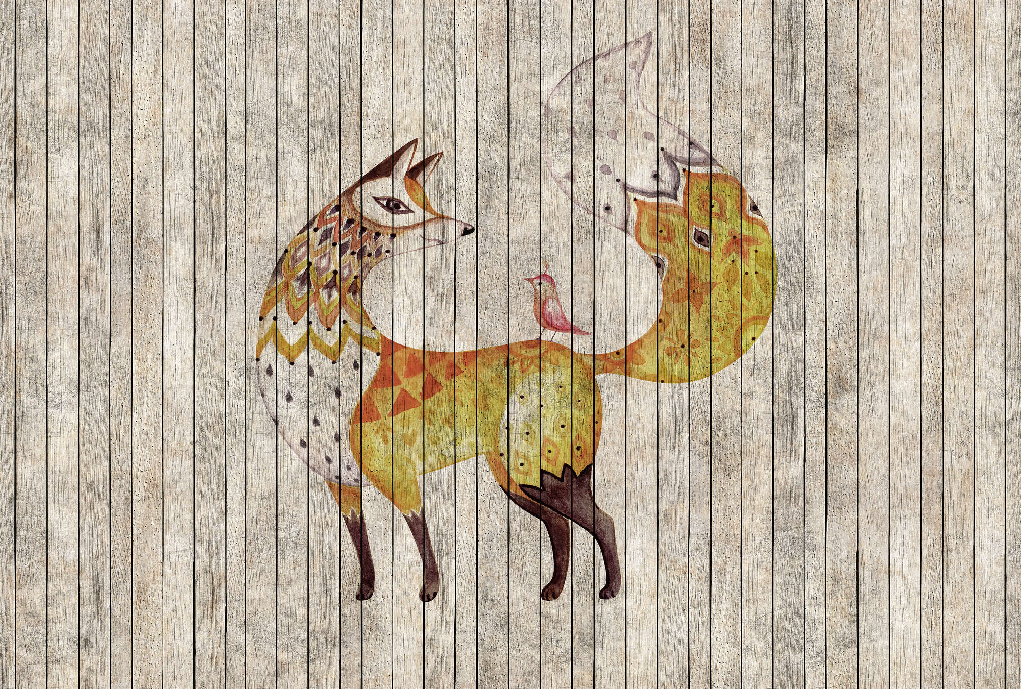             Fairy tale 2 - Fox and Bird on Wood Optic Wallpaper - Beige, Brown | Premium Smooth Vliesbehang
        