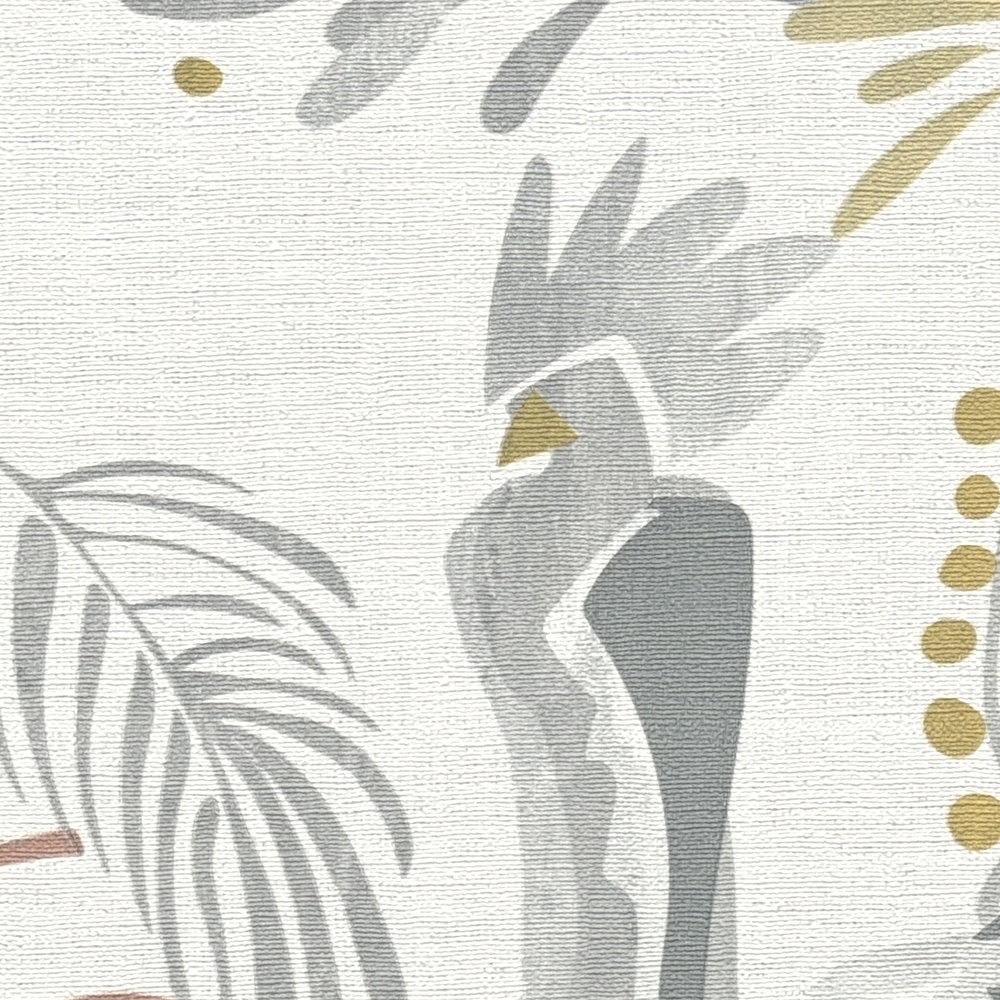             Papier peint jungle avec feuilles de palmier & oiseaux aspect lin - gris, or
        