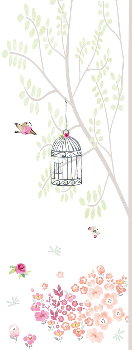             Papier peint enfant arbre avec cage à oiseaux et fleurs sur nacre intissé lisse
        