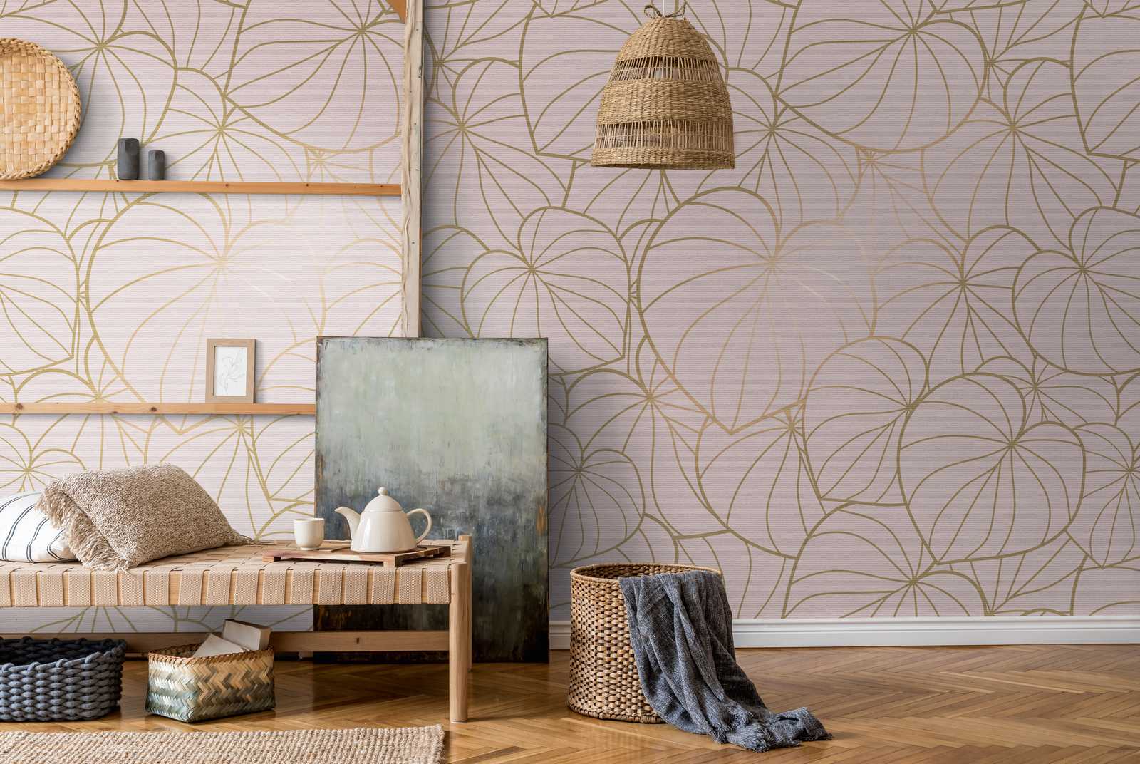             Wallpaper novelty | motif wallpaper leaves motif gold & beige line art
        