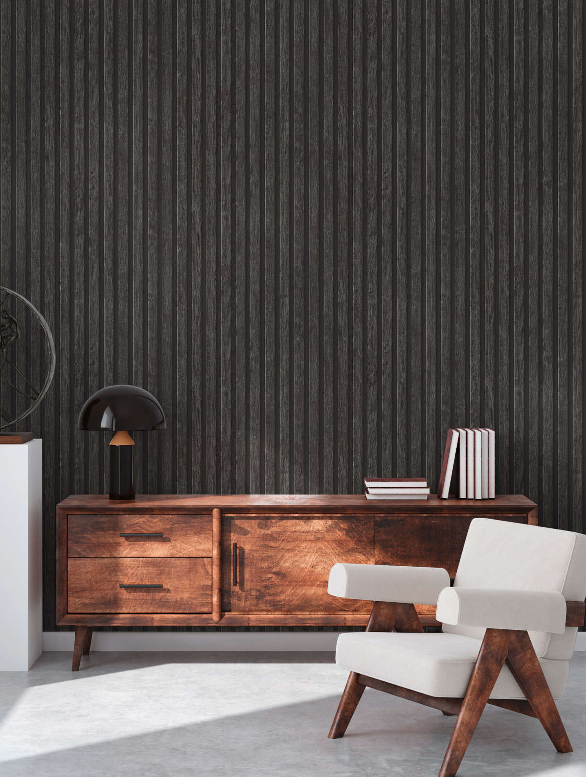             Wallpaper wood look with panel pattern - black, brown
        