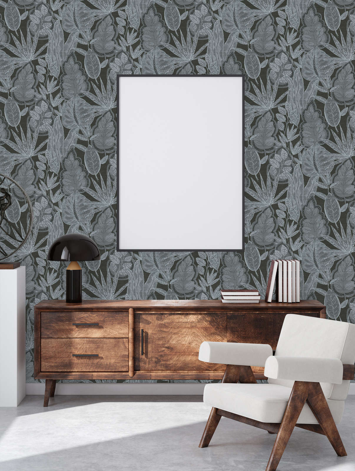             Floral wallpaper in graphic design with light structure, matt - black, grey, white
        