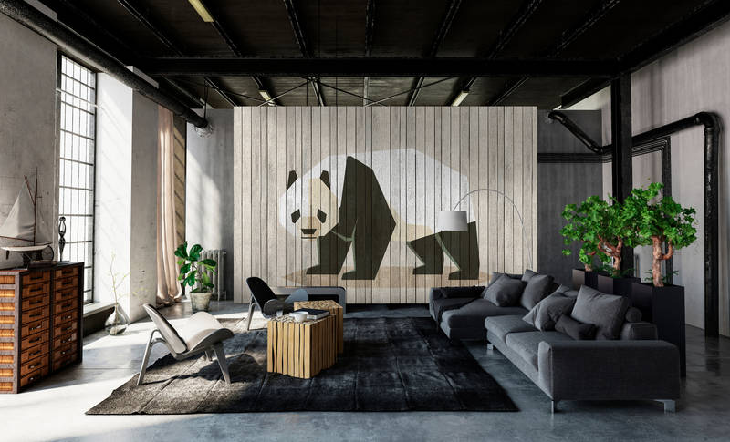             Born to Be Wild 2 - Digital behang op houten paneelstructuur met panda & bordwand - Beige, Bruin | Matte gladde vlieseline
        