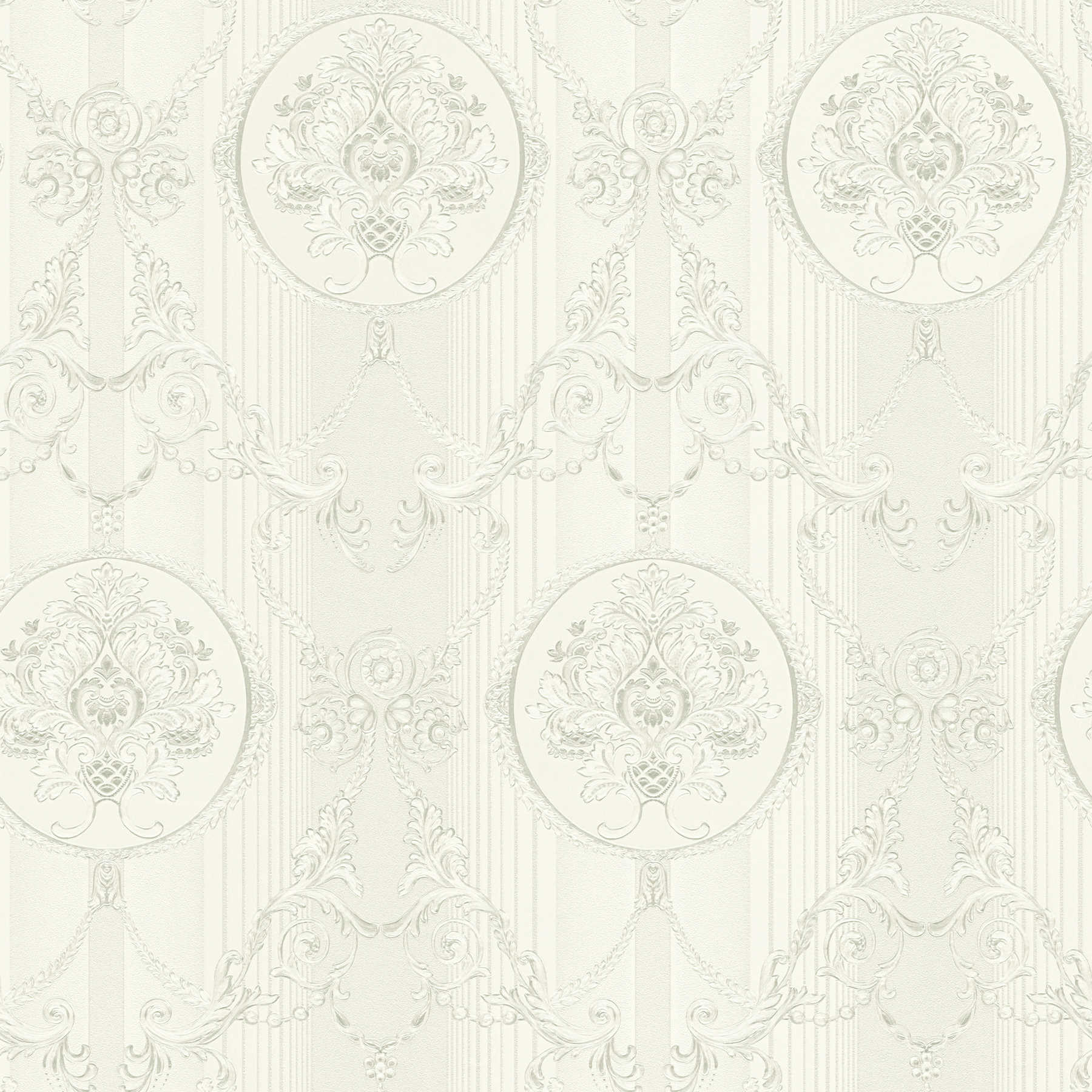 Neo baroque wallpaper with ornament design & metallic effect - metallic, white
