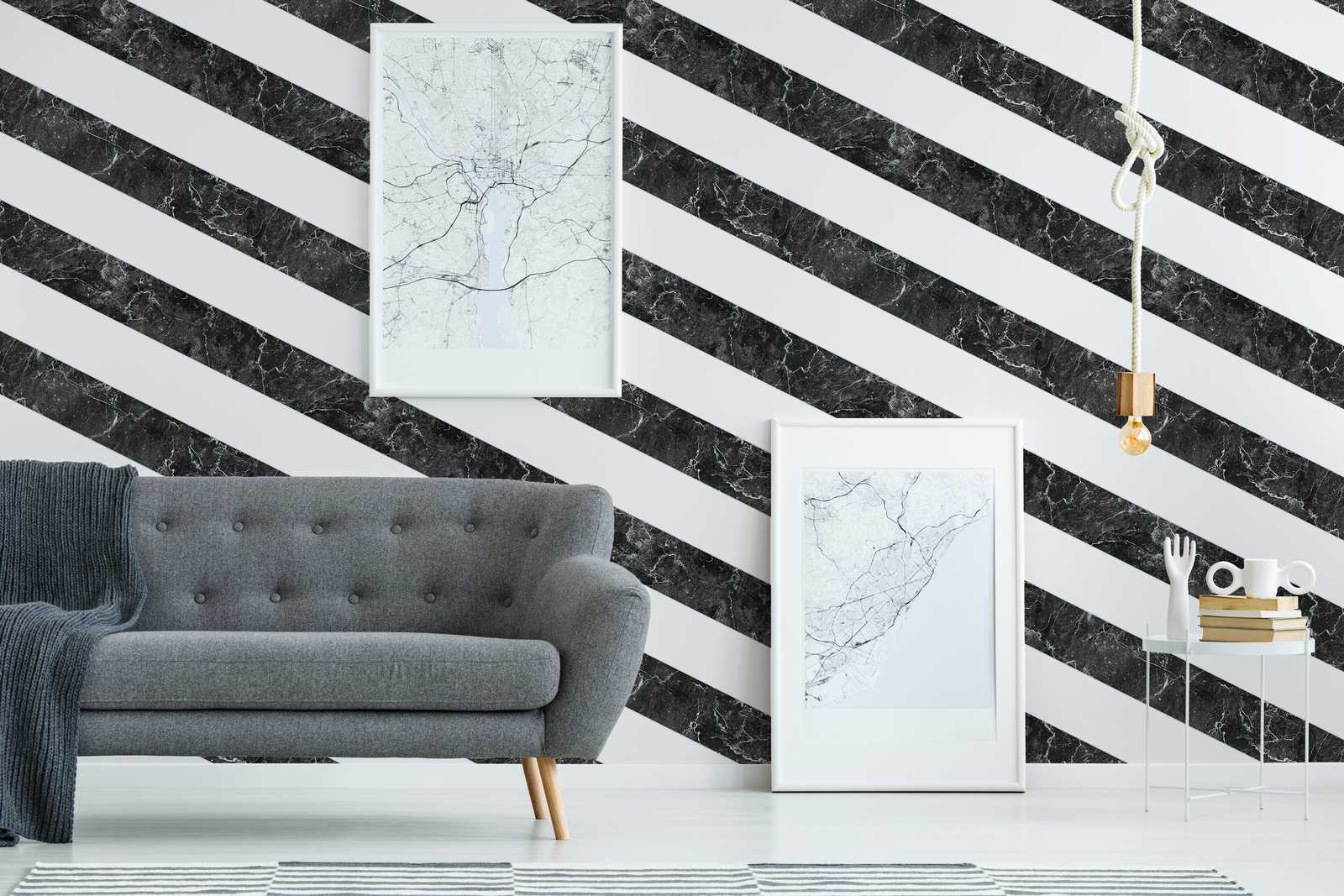             Papel pintado de rayas aspecto mármol rayas horizontales diseño blanco y negro
        