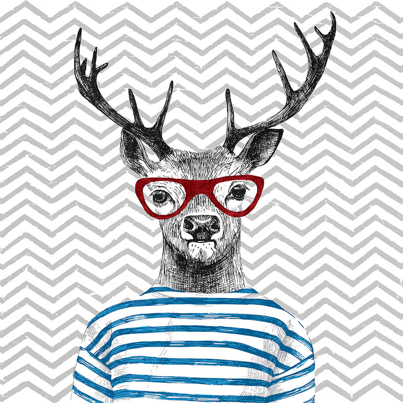         Nursery mural comic design, deer with glasses - blue, grey, red
    
