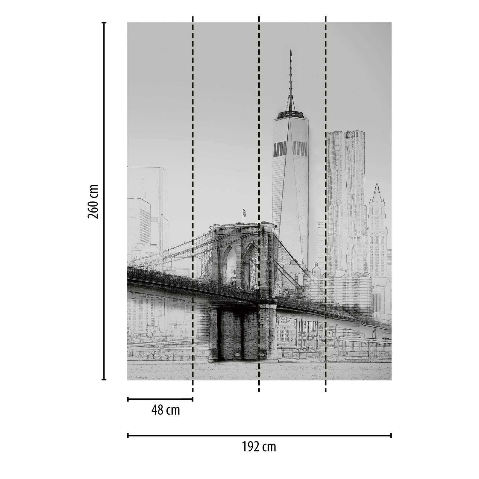             Papel pintado fotográfico en blanco y negro del horizonte de Nueva York, formato vertical
        