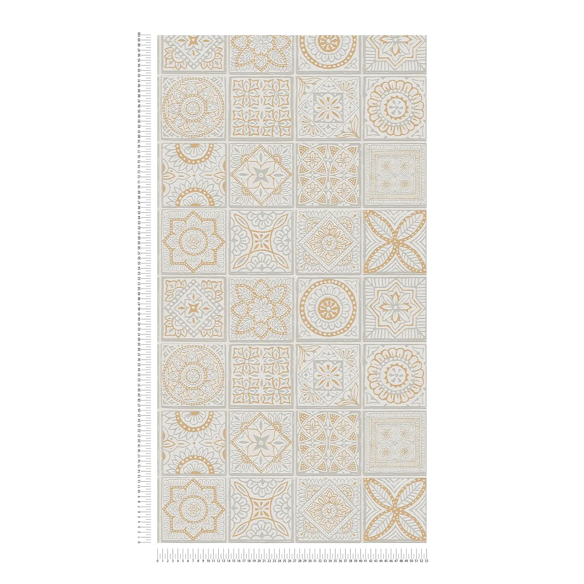             Tegellook vliesbehang met bloemenmozaïeken - goud, grijs, wit
        