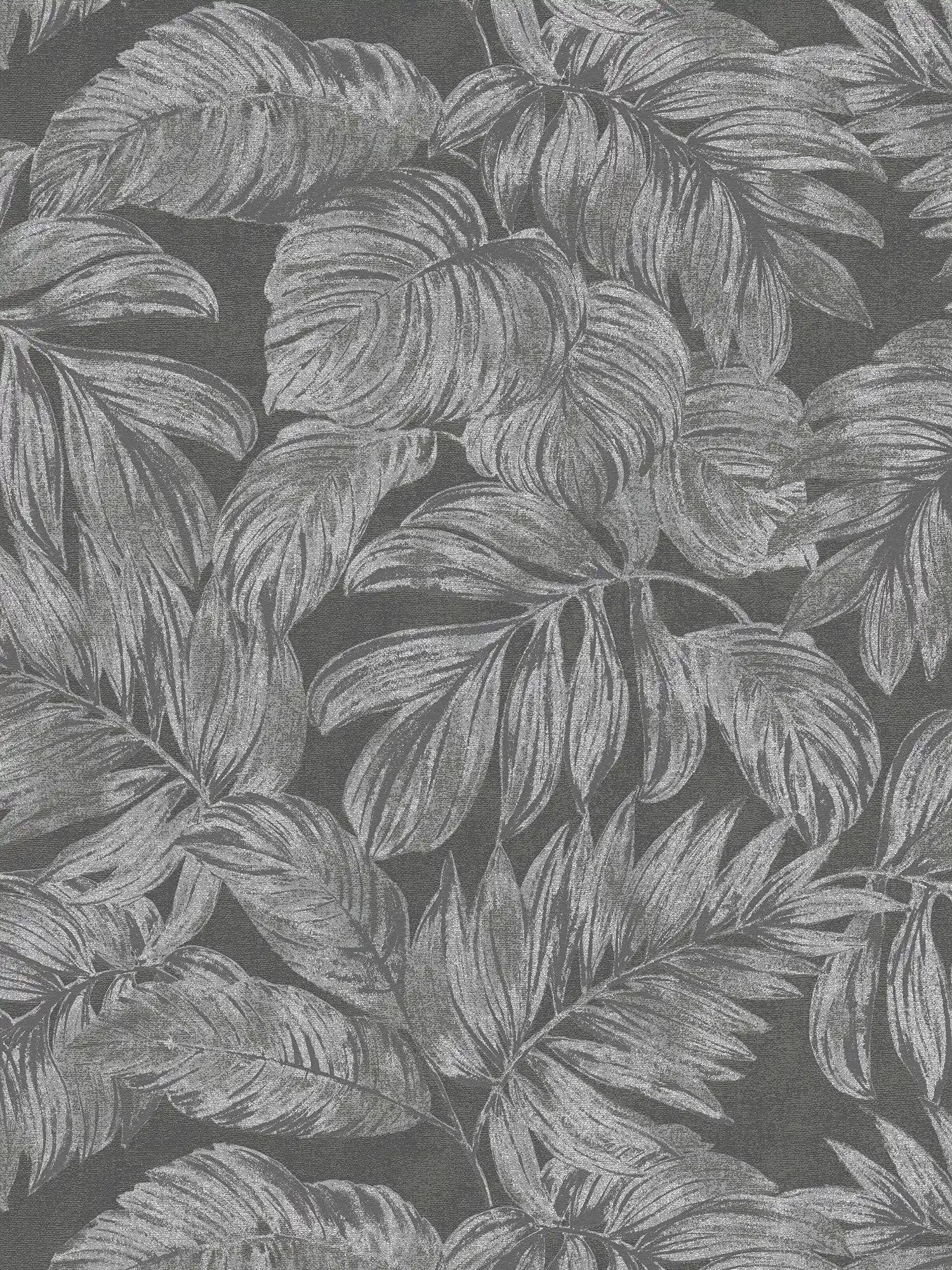 Carta da parati non tessuta floreale con motivo jungle - antracite, grigio, argento
