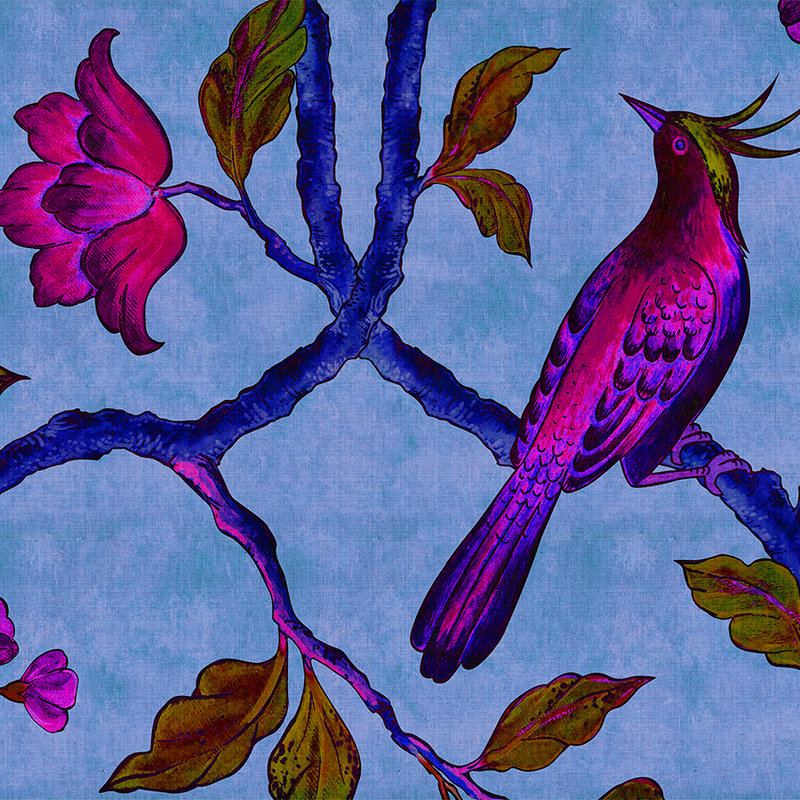 Bird Of Paradis 1 - Papel pintado con impresión digital en estructura de lino natural con ave del paraíso - Azul, Violeta | Tela no tejida lisa mate
