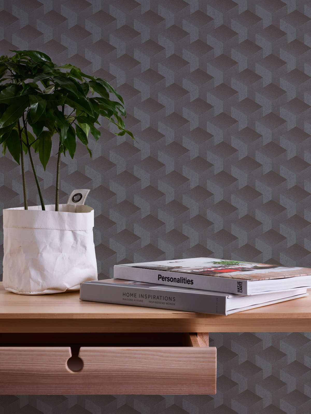             Graphic wallpaper with 3D pattern matt - dark grey
        