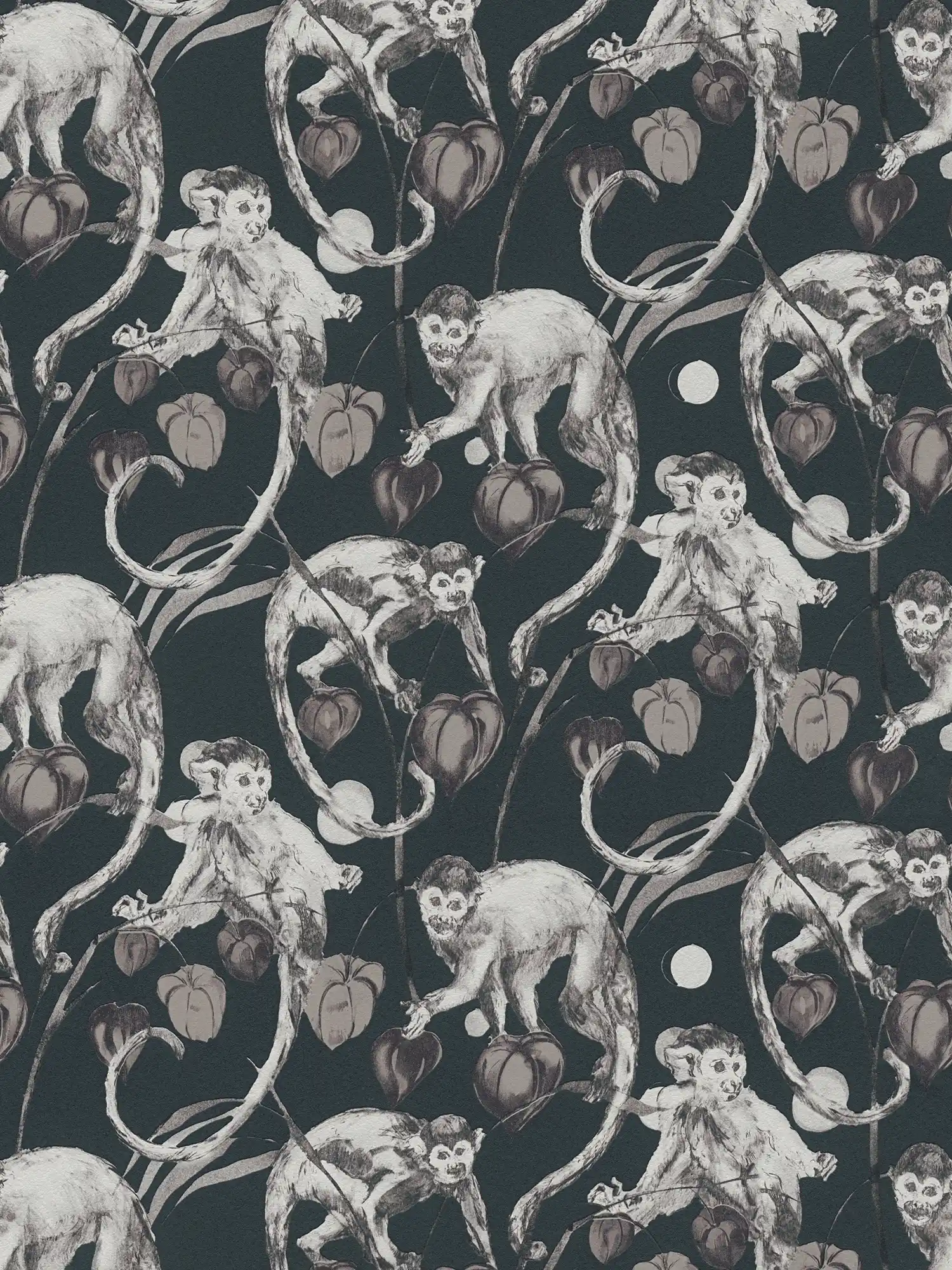         Papel pintado no tejido oscuro diseño monos y hojas de MICHALSKY
    
