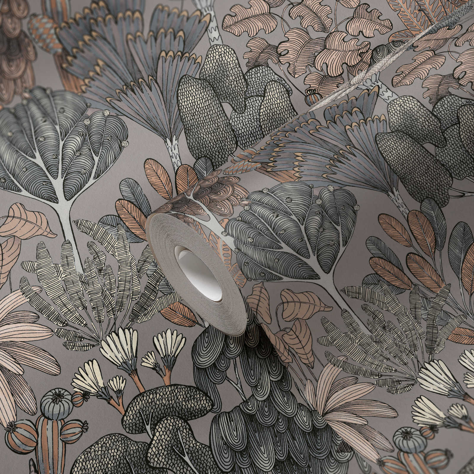             Wallpaper grey beige with floral pattern in doodle look - grey, beige, orange
        