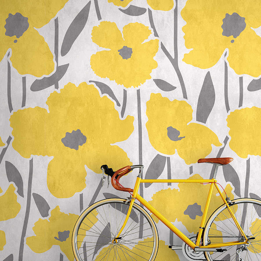 Flower Market 4 - papier peint fleuri jaune et gris effet plâtre
