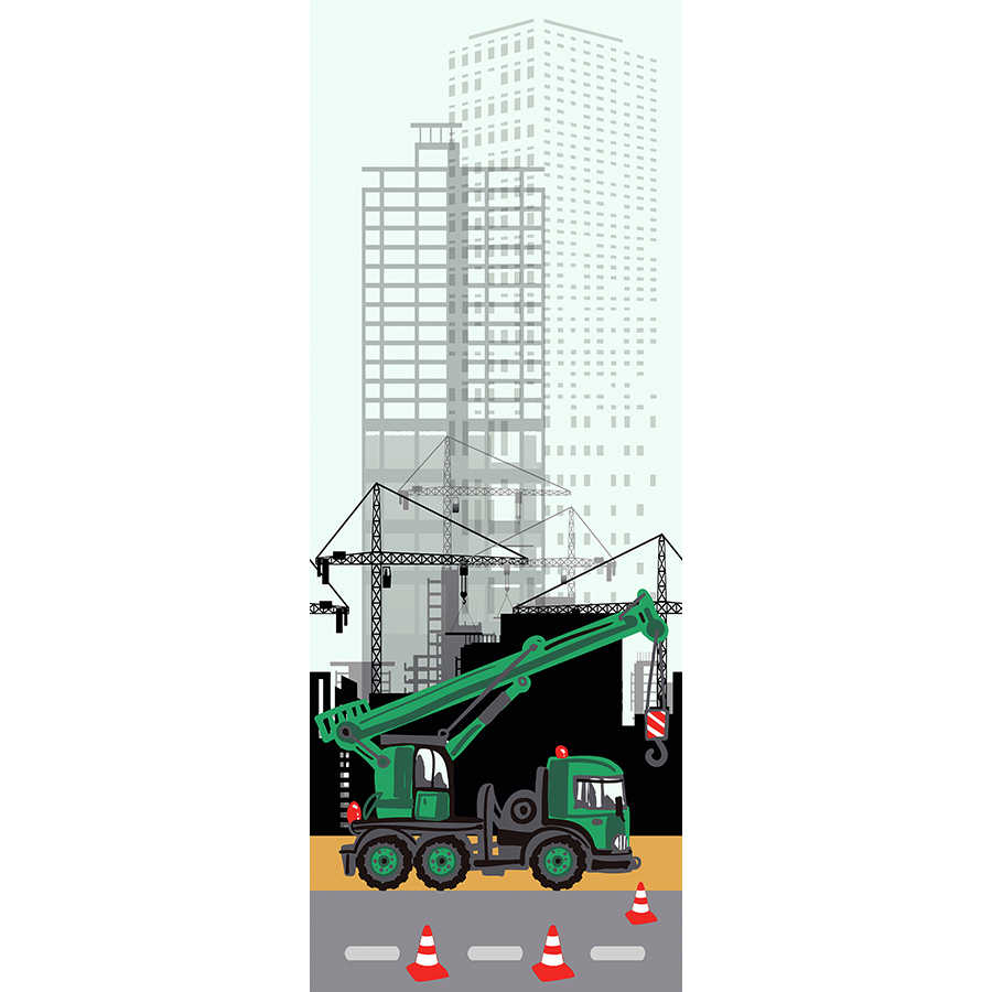 Papel pintado de la ciudad en construcción con vehículo grúa sobre vellón liso nacarado
