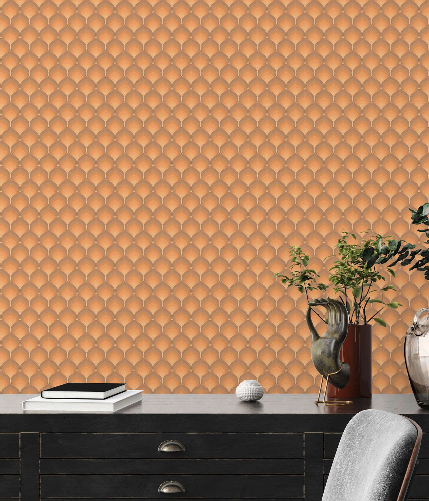             Retro wallpaper with textured scale pattern - brown, yellow, orange
        