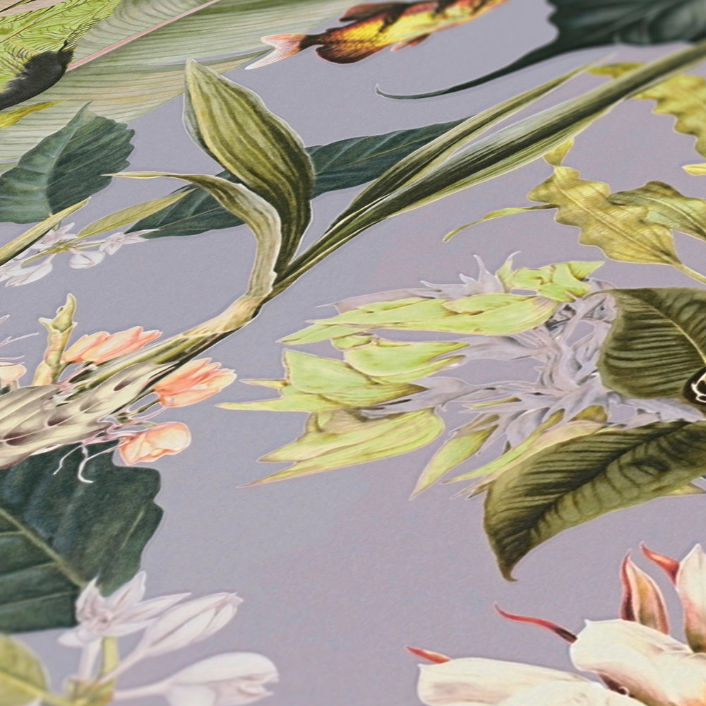             Papier peint naturel avec fleurs et animaux - gris, vert
        