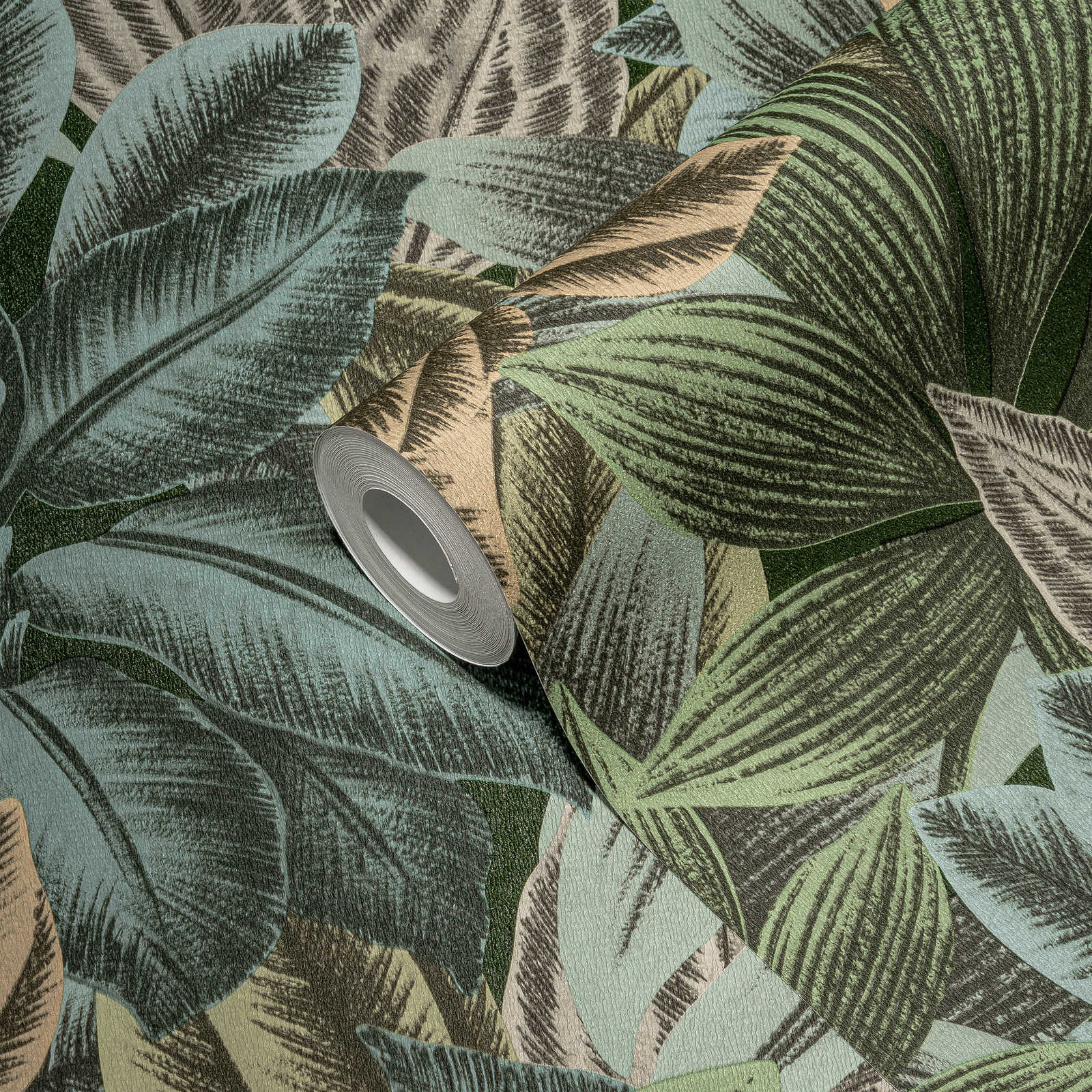             Papier peint à motifs de feuilles avec look tropical - vert, bleu, gris
        