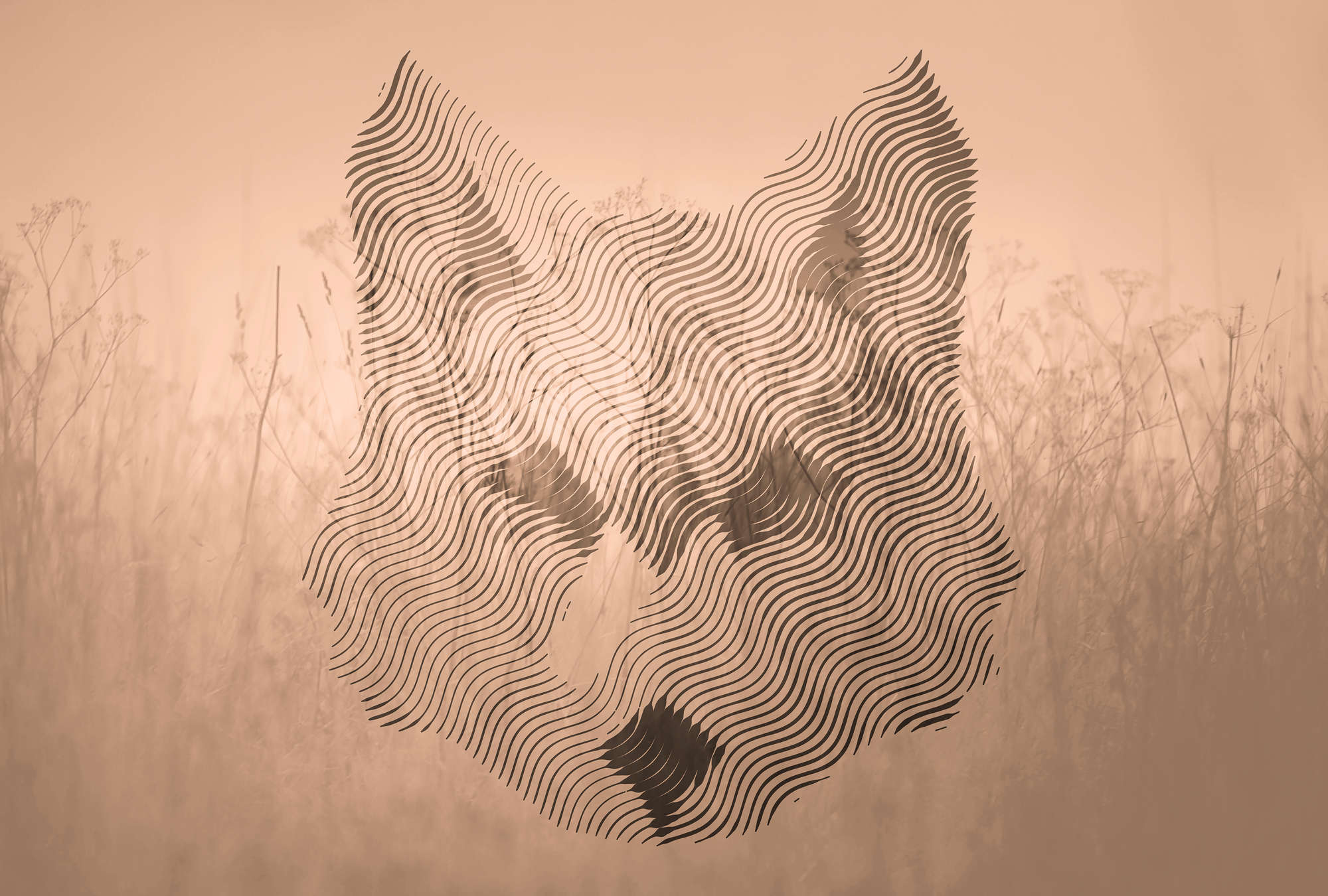             Photo wallpaper fox, graphic pattern & forest landscape - brown, beige, black
        