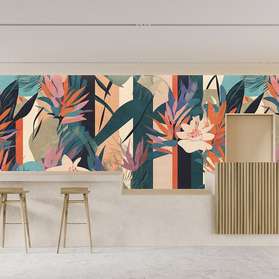 papier peint en papier panoramique »sarabi« - motif de fleurs et d'herbes, rayures sur structure d'enduit vintage - multicolore | Intissé mat et lisse
