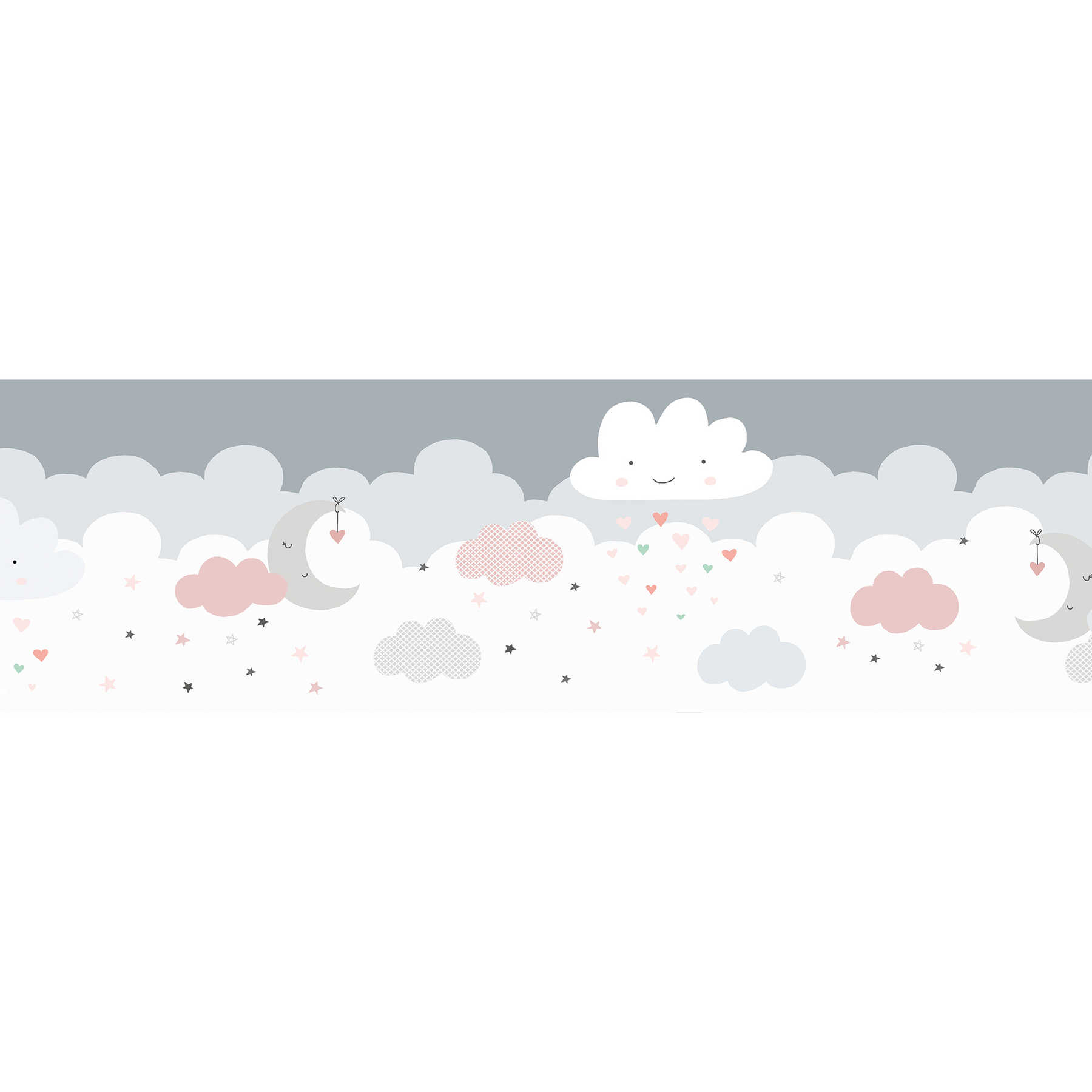 Self-adhesive baby room border "Pink sugar clouds" - pink, grey, white
