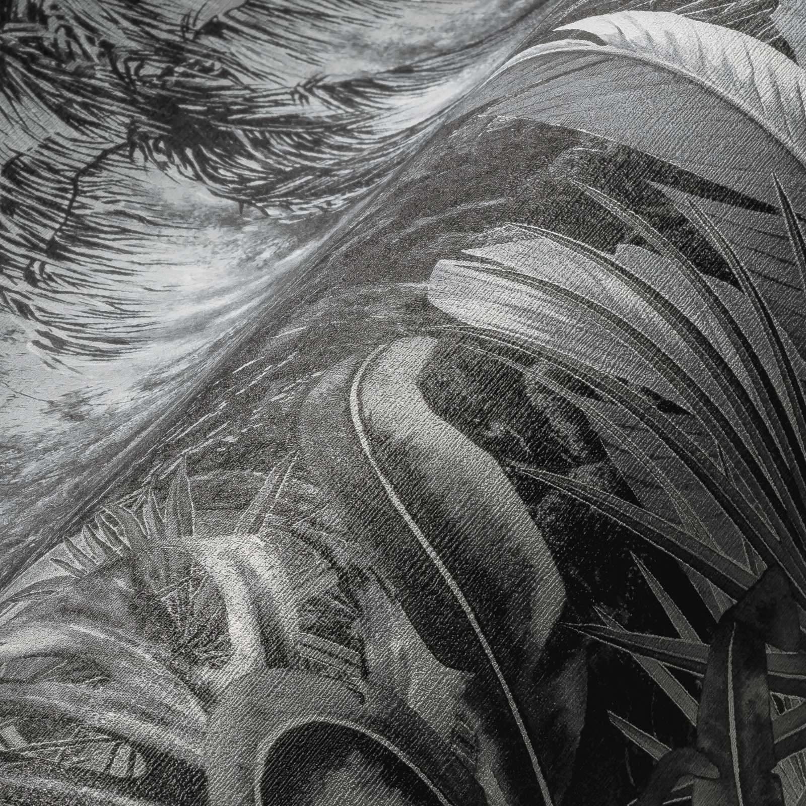             Zwart en wit behang jungle patroon met palmbomen
        