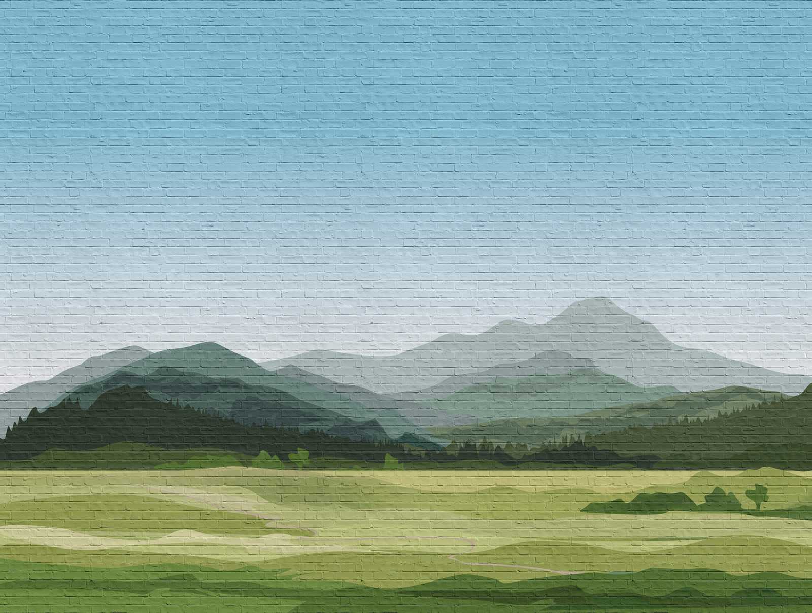             Papeles pintados novedad | Papel pintado con motivo de albañilería con paisaje de montaña
        