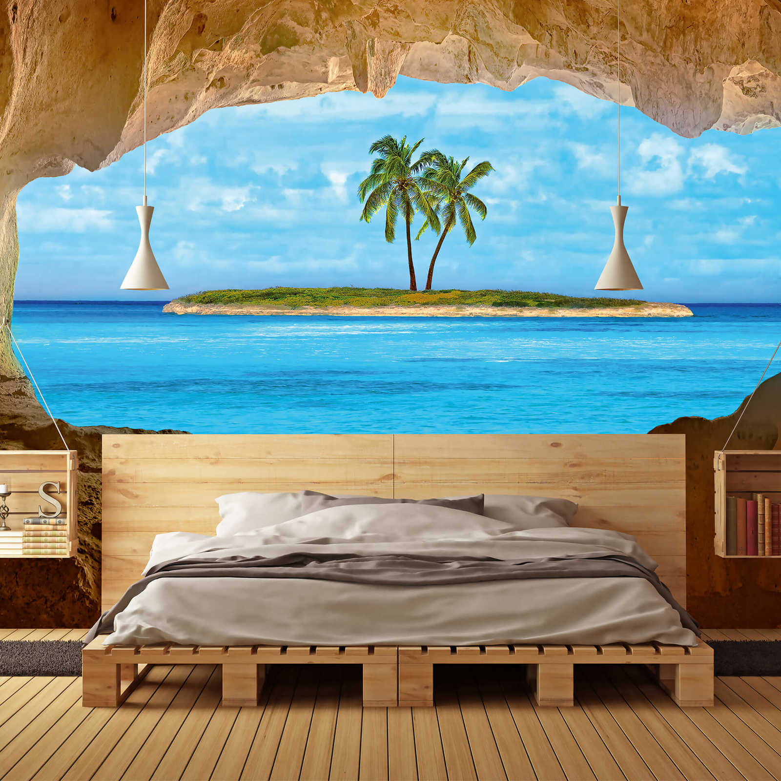             Papel pintado tropical con vistas a la isla de las palmeras y a los mares del sur
        