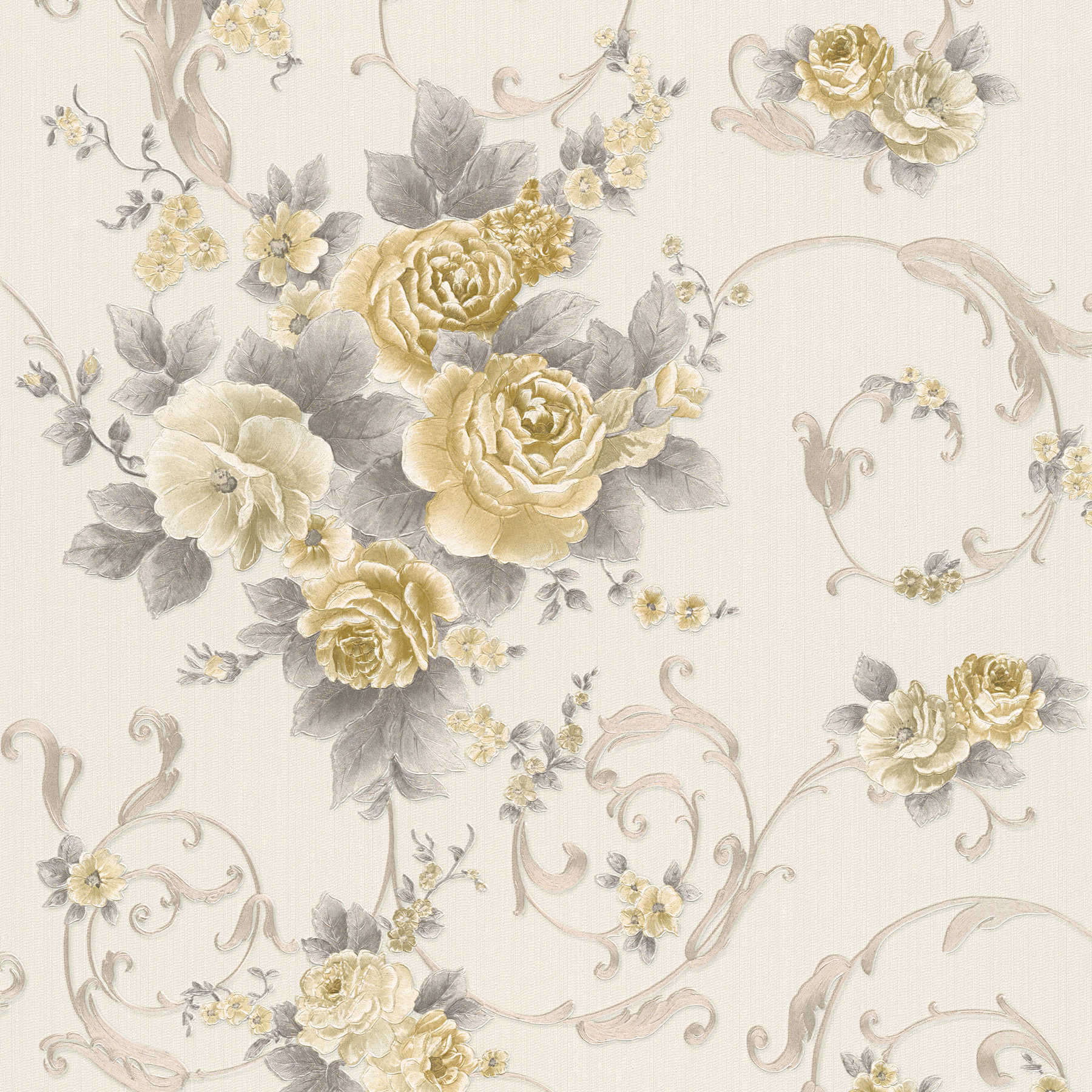 Rose petal wallpaper with metallic effect in country style - grey, gold, white
