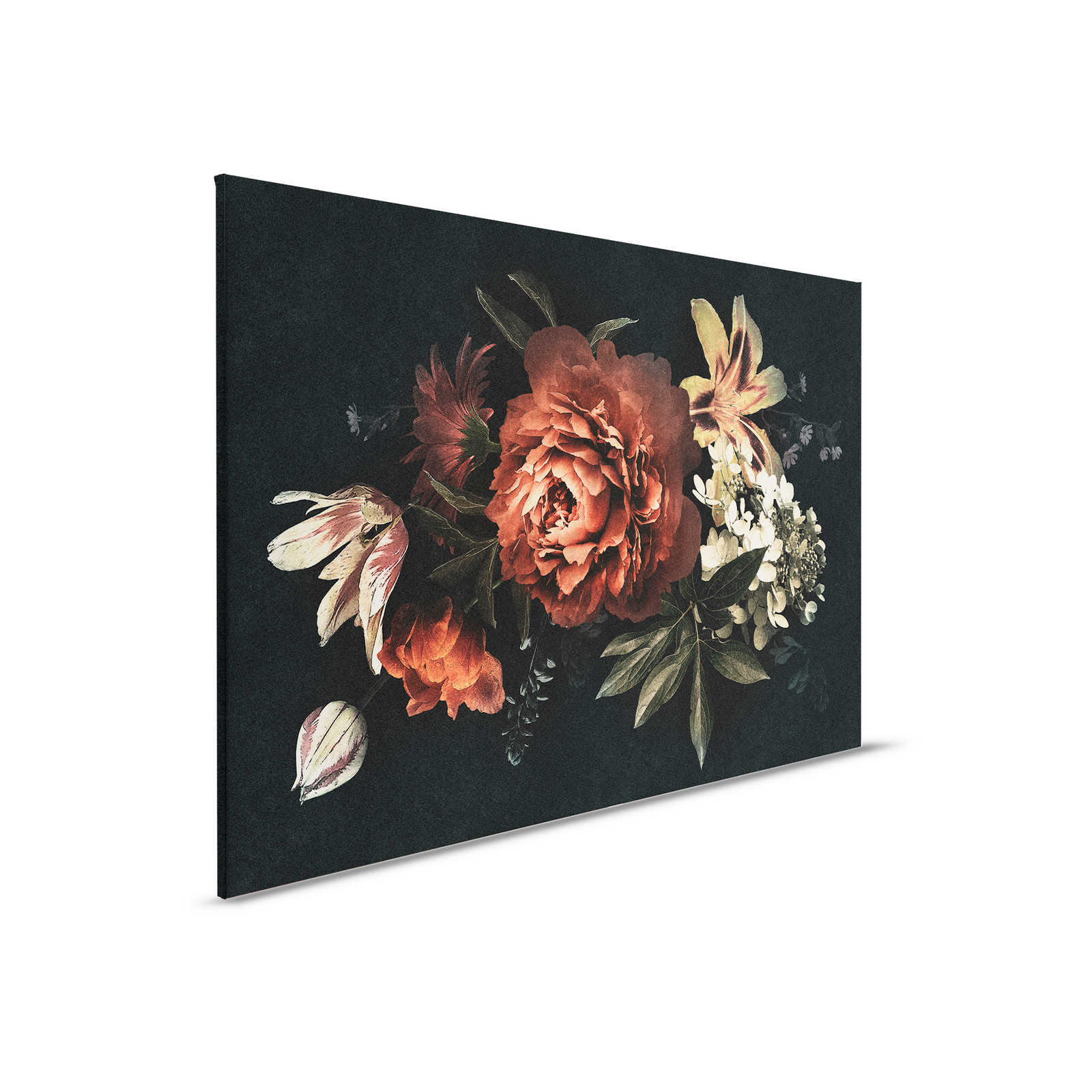 Drama queen 1 - Bouquet de fleurs Tableau sur toile avec fond sombre en structure de carton - 0,90 m x 0,60 m
