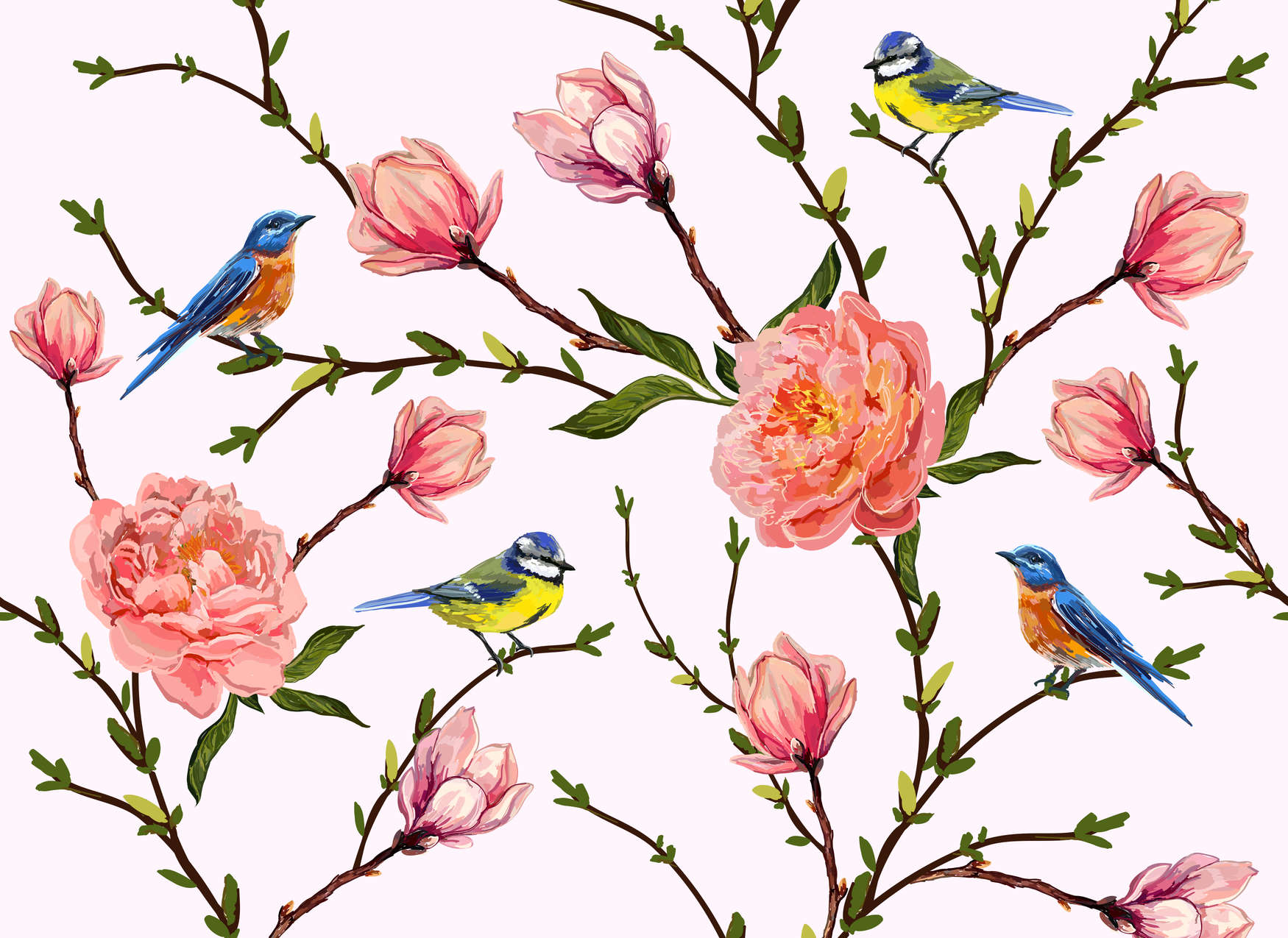             Papier peint oiseaux & fleurs minimaliste - gris, rose, vert
        