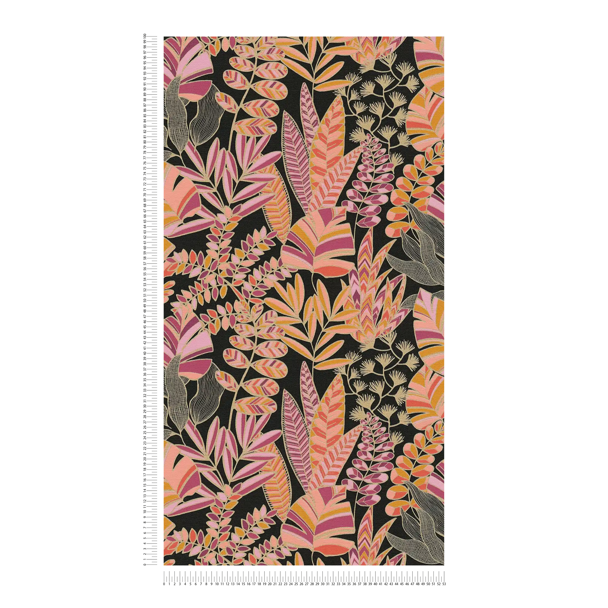             Vliesbehang in opvallende stijl met grote bladeren - zwart, roze, oranje
        