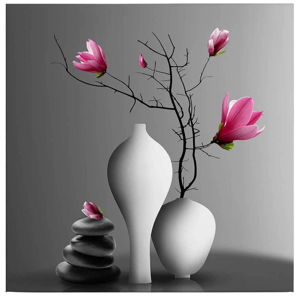            Magnolia branch in a white vase square canvas print
        