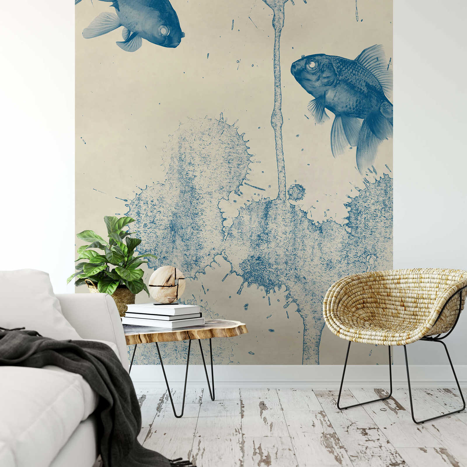             Narrow mural blue fish - beige, blue
        