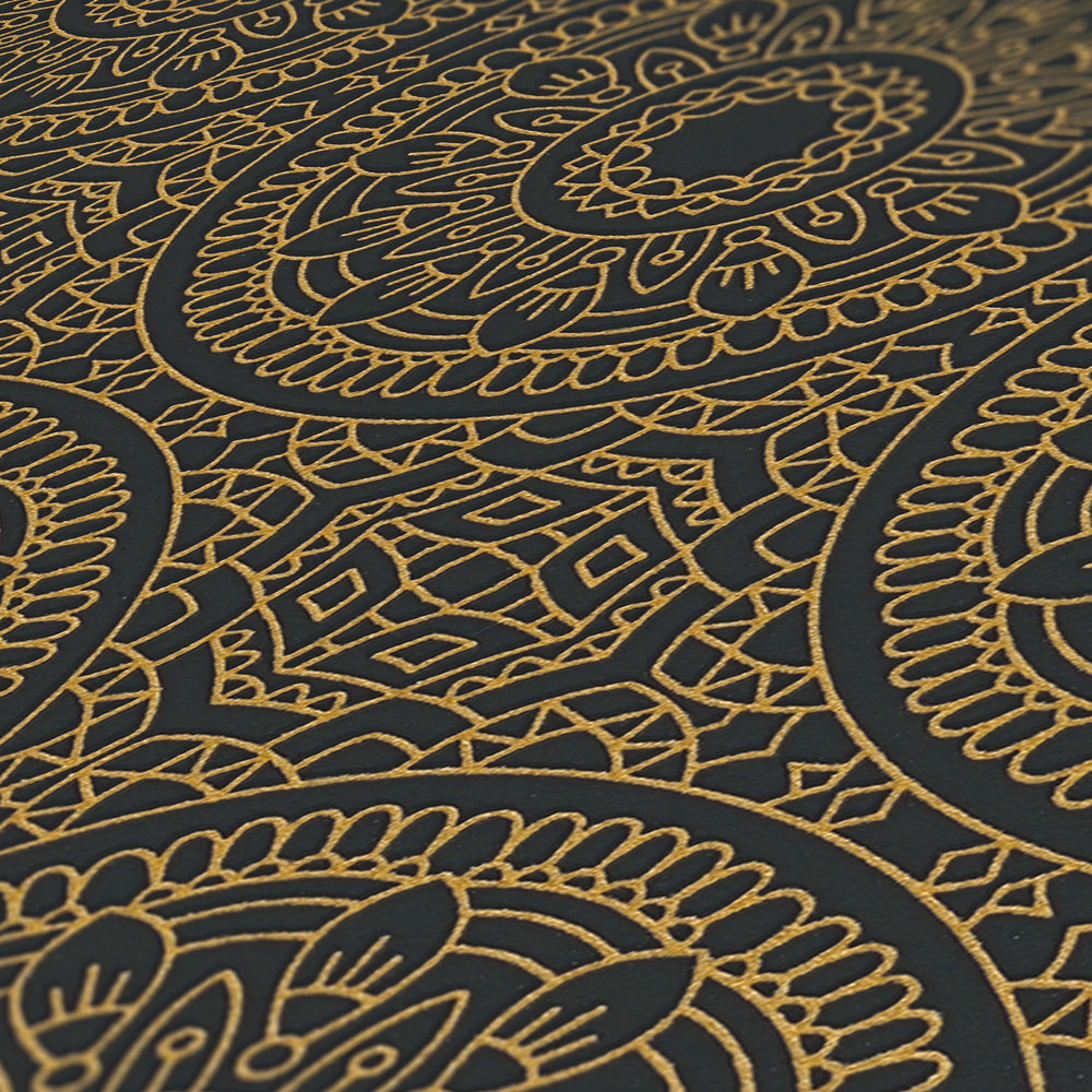             papier peint en papier graphique avec motif circulaire brillant lisse - noir, or
        