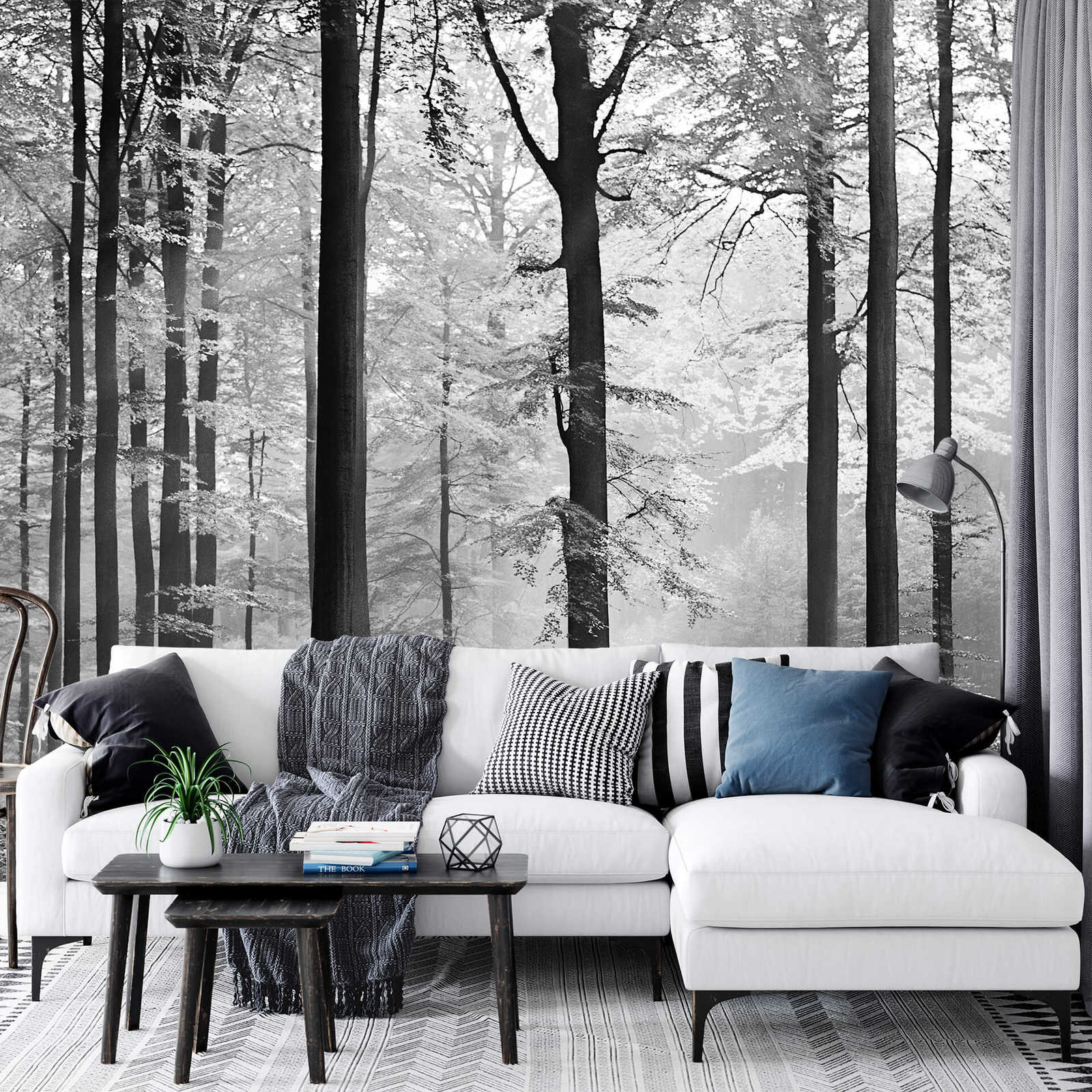             Forêt de feuilles papier peint gris-blanc - noir, blanc, gris
        