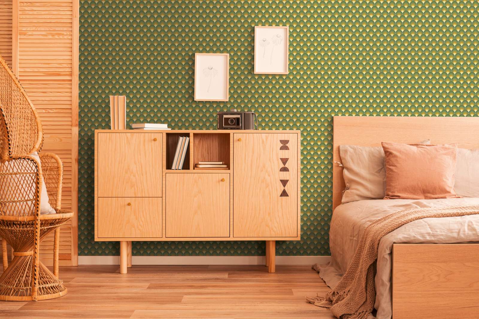             Retro style scaly pattern wallpaper - green, yellow, brown
        