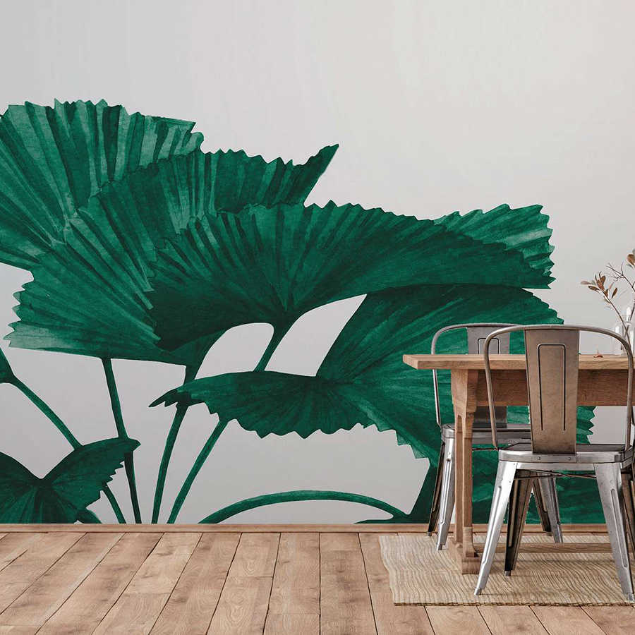 Papier peint avec grandes feuilles de palmier à rayons - vert, gris
