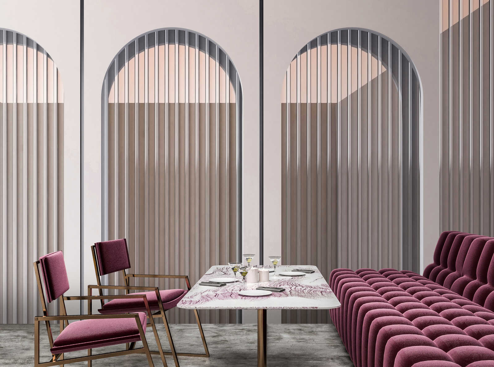             Escape Room 2 - Papel Pintado Arquitectura Moderna Arco Redondo Gris y Rosa
        