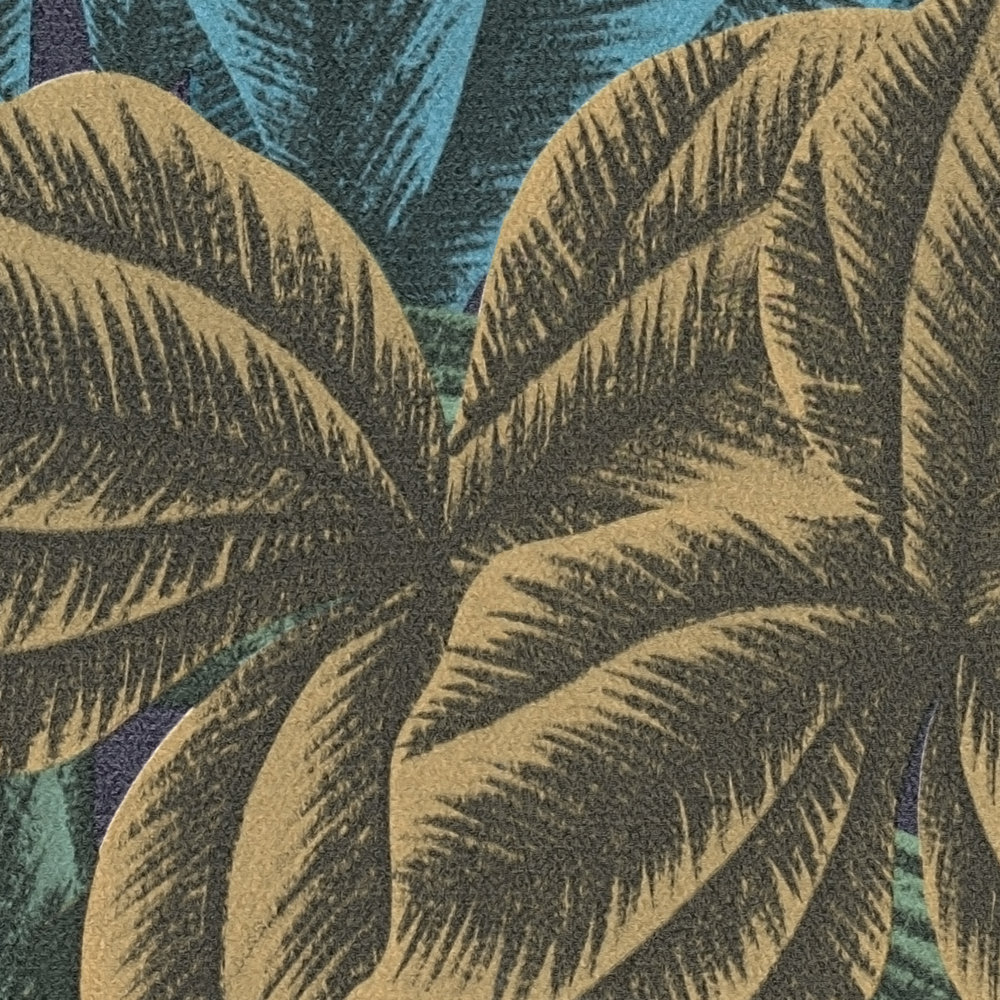             Floral non-woven wallpaper with jungle leaf motif - blue, orange, purple
        